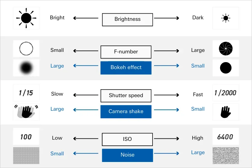 ISO sensitivity, F-number, and shutter speed